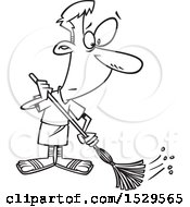 Clipart Of A Cartoon Black And White Male Roman Slave Sweeping Royalty Free Vector Illustration