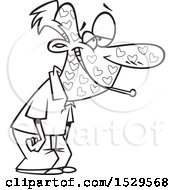 Clipart Of A Cartoon Black And White Love Sick Man With A Heart Rash Royalty Free Vector Illustration