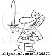 Clipart Of A Cartoon Black And White Male Castle Guard Holding A Sword Royalty Free Vector Illustration