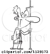 Clipart Of A Cartoon Black And White Man Riding A Bus Holding Onto A Pole Royalty Free Vector Illustration