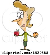 Cartoon Caucasian Woman Comparing Apples And Oranges