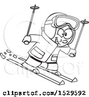 Clipart Of A Cartoon Lineart Happy Boy Skiing Royalty Free Vector Illustration