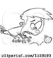 Clipart Of A Cartoon Lineart Chasing A Runaway Easter Egg Royalty Free Vector Illustration