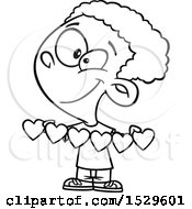 Clipart Of A Cartoon Lineart Boy Holding A Banner Of Heart Cut Outs Royalty Free Vector Illustration
