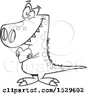 Clipart Of A Cartoon Lineart Sweet Dinosaur Holding A Valentine Love Heart Royalty Free Vector Illustration