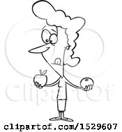 Clipart Of A Cartoon Lineart Woman Comparing Apples And Oranges Royalty Free Vector Illustration