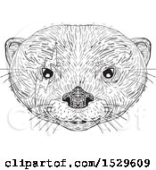 Black And White Asian Small Clawed Otter Face With A Bolt Around One Eye In Drawing Sketch Style