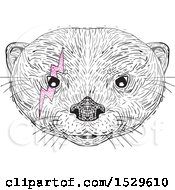 Black And White Asian Small Clawed Otter Face With A Pink Bolt Around One Eye In Drawing Sketch Style