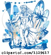 Clipart Of Neptune Holding A Paddle Over Surfboards With Palm Trees And Grunge Royalty Free Vector Illustration