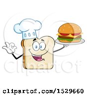 Poster, Art Print Of Sliced Bread Chef Mascot Character Serving A Cheeseburger