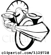 Clipart Of A Black And White Strong Spartan Warrior Stabbing With His Sword Royalty Free Vector Illustration