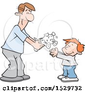 Clipart Of A Happy White Father Giving His Son A Puppy Dog Royalty Free Vector Illustration