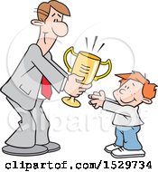 Poster, Art Print Of Happy White Business Man Giving A Boy A Trophy