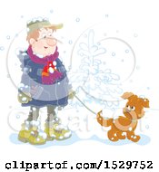 Clipart Of A Man Walking His Puppy Dog In The Snow Royalty Free Vector Illustration
