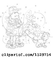Clipart Of A Black And White Man Walking His Puppy Dog In The Snow Royalty Free Vector Illustration