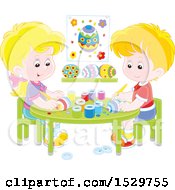 Clipart Of A White Boy And Girl Decorating Easter Eggs Royalty Free Vector Illustration by Alex Bannykh