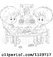 Clipart Of A Black And White Boy And Girl Decorating Easter Eggs Royalty Free Vector Illustration
