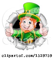 Poster, Art Print Of St Patricks Day Leprechaun Giving Two Thumbs Up And Breaking Through A Hole In A Wall