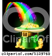 Poster, Art Print Of St Patricks Day Leprechaun Hat Full Of Gold Coins At The End Of A Rainbow On Black