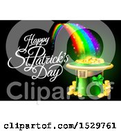 Happy St Patricks Day Greeting With A Leprechaun Hat Full Of Gold Coins At The End Of A Rainbow On Black