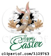 Poster, Art Print Of Happy Easter Greeting Under A White Bunny Rabbit Breaking Through A White Brick Wall