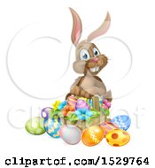 Poster, Art Print Of Brown Easter Bunny Rabbit With A Basket Of Eggs And Flowers