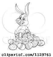 Poster, Art Print Of Black And White Bunny Rabbit With A Basket Of Easter Eggs And Flowers