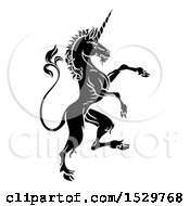 Clipart Of A Black And White Heraldic Rampant Unicorn In Profile Royalty Free Vector Illustration