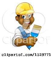 Clipart Of A Happy Black Male Painter Holding A Brush Around A Sign Royalty Free Vector Illustration