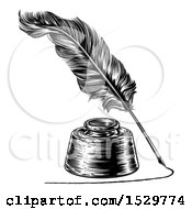 Poster, Art Print Of Feather Quill Pen Drawing A Line Around An Ink Well