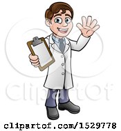Clipart Of A Cartoon Young Male Scientist Holding A Clipboard And Waving Royalty Free Vector Illustration
