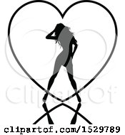 Clipart Of A Black Silhouetted Sexy Woman Over A Heart Outline With A Reflection Royalty Free Vector Illustration
