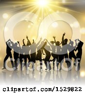 Clipart Of A Silhouetted Group Of People Dancing Under A Golden Burst Royalty Free Vector Illustration