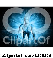 Clipart Of A 3D Man In A Running Start Position Over Blue Techno Connections Royalty Free Illustration