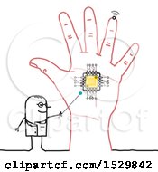 Clipart Of A Stick Man Scientist Discussing A Chip In A Hand Royalty Free Vector Illustration by NL shop