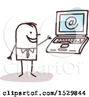 Clipart Of A Stick Business Man By A Laptop Computer Royalty Free Vector Illustration