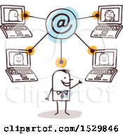 Clipart Of A Stick Business Man Having A Conference With Laptop Computers Royalty Free Vector Illustration