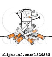 Clipart Of A Stick Woman Smoking On A Pile Of Cigarettes Royalty Free Vector Illustration