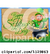 Poster, Art Print Of Happy St Patricks Day Greeting On A Wood Sign By A Leprechaun Sitting On A Pot Of Gold