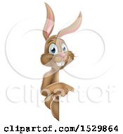 Clipart Of A Happy Brown Easter Bunny Rabbit Pointing Around A Sign Royalty Free Vector Illustration