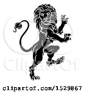 Clipart Of A Black And White Heraldic Rampant Lion Royalty Free Vector Illustration