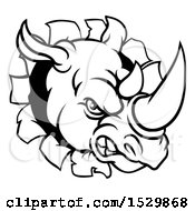Poster, Art Print Of Black And White Tough Rhinoceros Sports Mascot Head Breaking Through A Wall