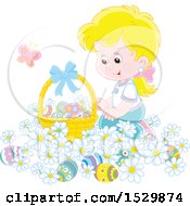 Poster, Art Print Of Happy Blond Girl Kneeling In Daisy Flowers By An Easter Basket