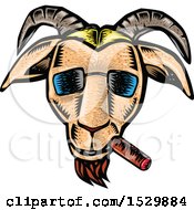 Clipart Of A Woodcut Hipster Goat Smoking A Cigar And Wearing Shades Royalty Free Vector Illustration