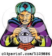 Clipart Of A Woodcut Retro Fortune Teller With A Crystal Ball Royalty Free Vector Illustration by patrimonio