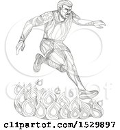 Clipart Of A Doodle Styled Man Leaping Over Fire In An Obstacle Course Royalty Free Vector Illustration
