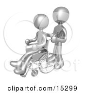 Silver Person Pushing Another Person In A Wheelchair In A Hospital Clipart Illustration Image