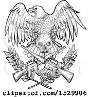 Poster, Art Print Of Sketched Black And White Bald Eagle With A Skull Over Crossed Rifles And Laurel Branches