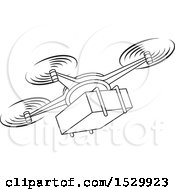 Clipart Of A Black And White Delivery Drone Flying With A Package Royalty Free Vector Illustration