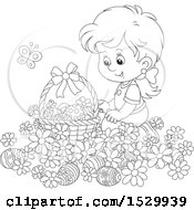 Clipart Of A Happy Black And White Girl Kneeling In Daisy Flowers By An Easter Basket Royalty Free Vector Illustration